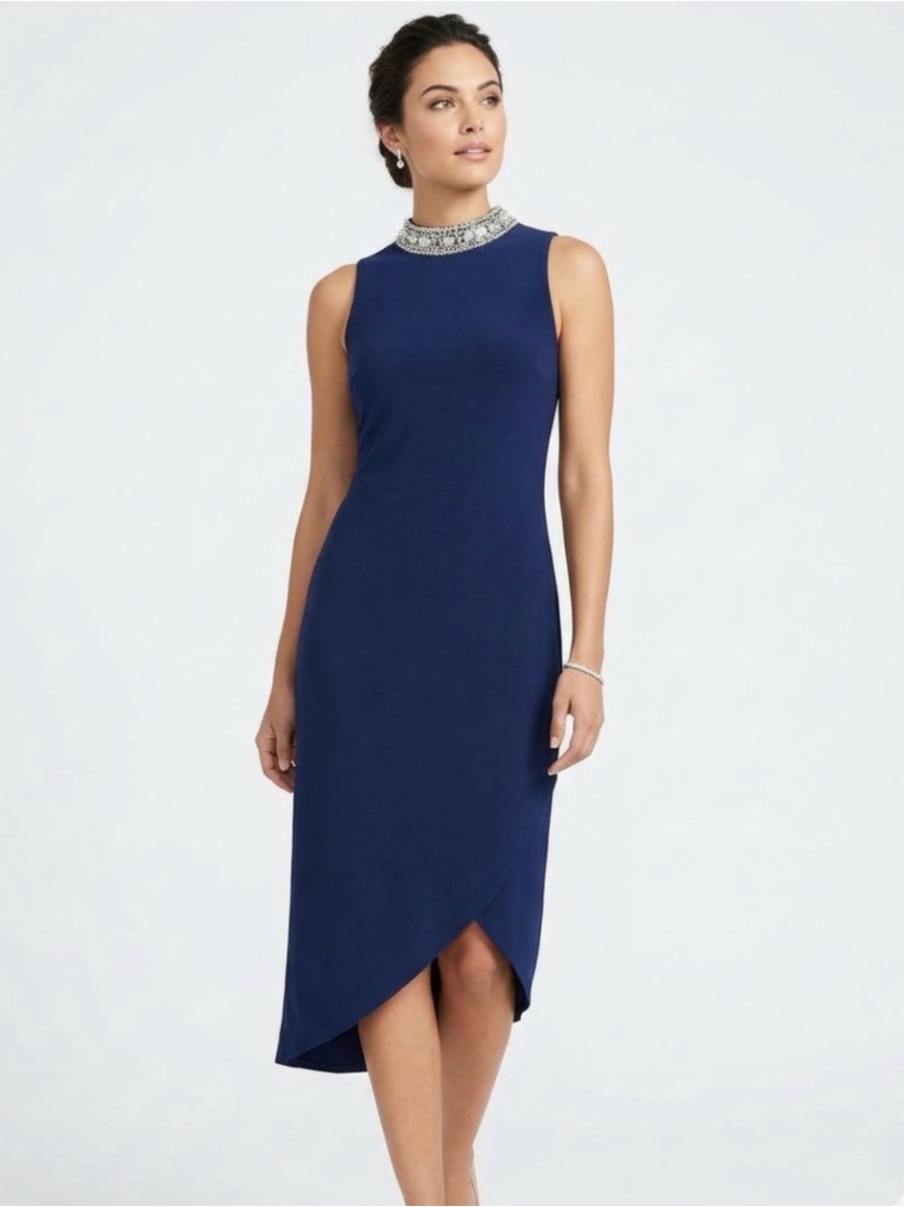SLNY beaded high neck bodycon dress asymmetrical hem